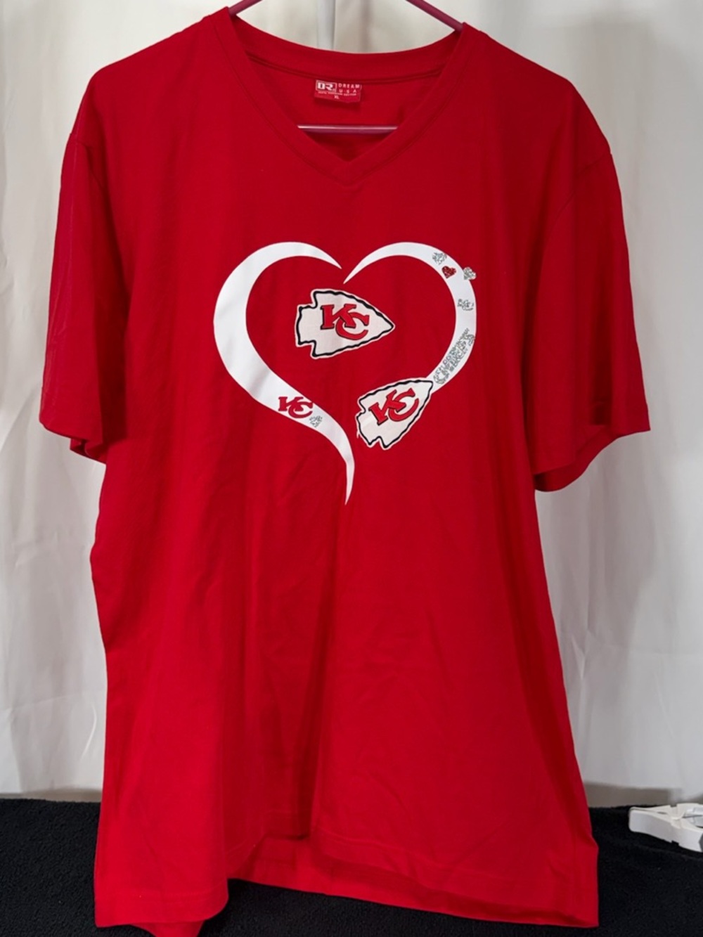 Women's Red V-Neck Short Sleeve Tee with White Heart Logo 2269